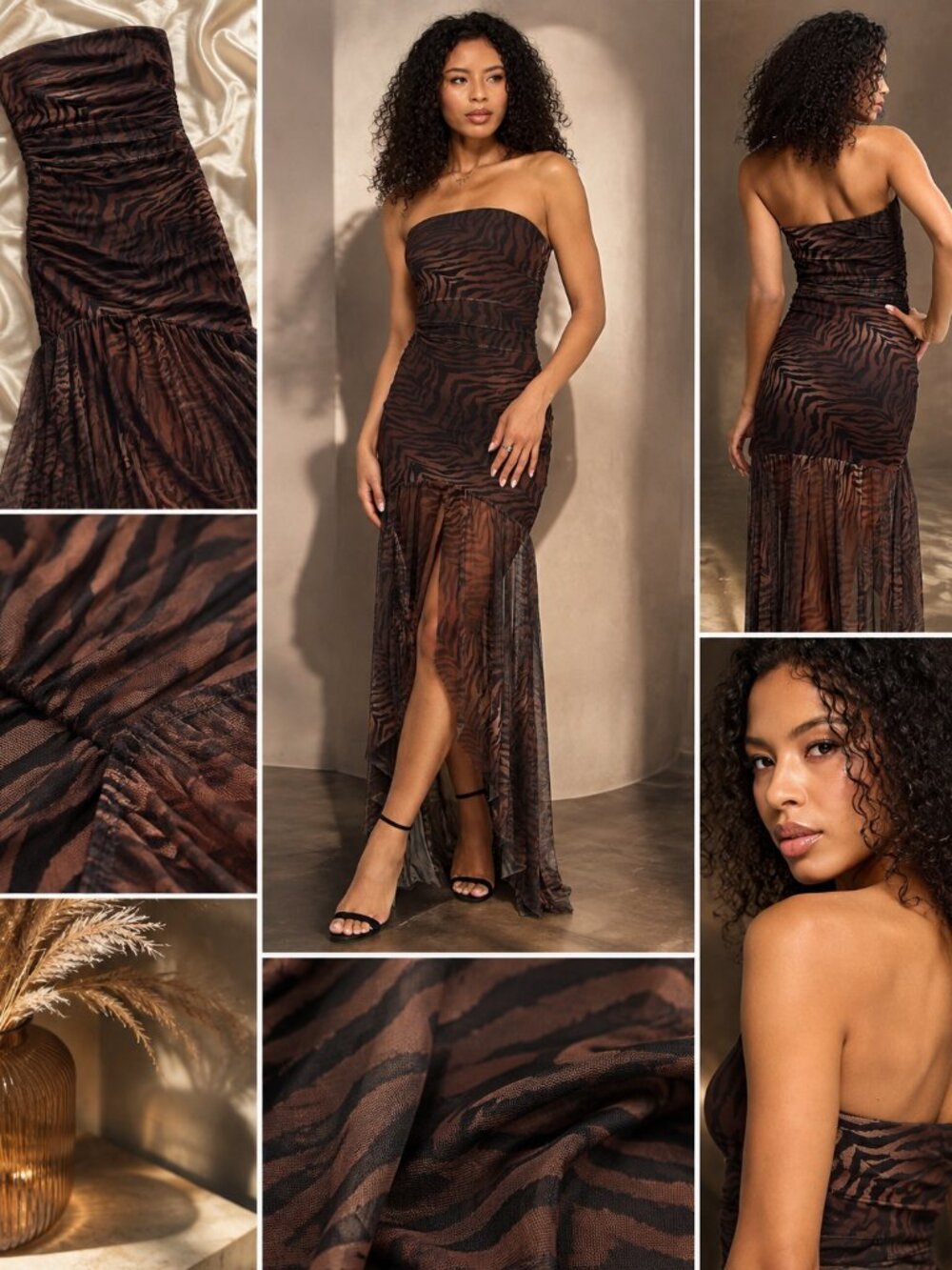 Katia Rae Brown Zebra Animal Print Strapless Ruched Mesh Gown M NWT